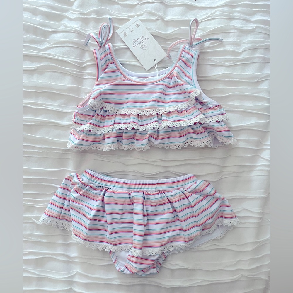 NWT Charming Mary girls’ ruffled two piece swimsuit in rainbow stripe